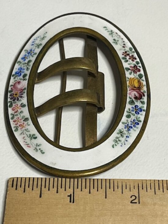 VTG Oval Enamel Floral & Brass Belt Scarf Belt Buckle Hand-Painted 3.5\